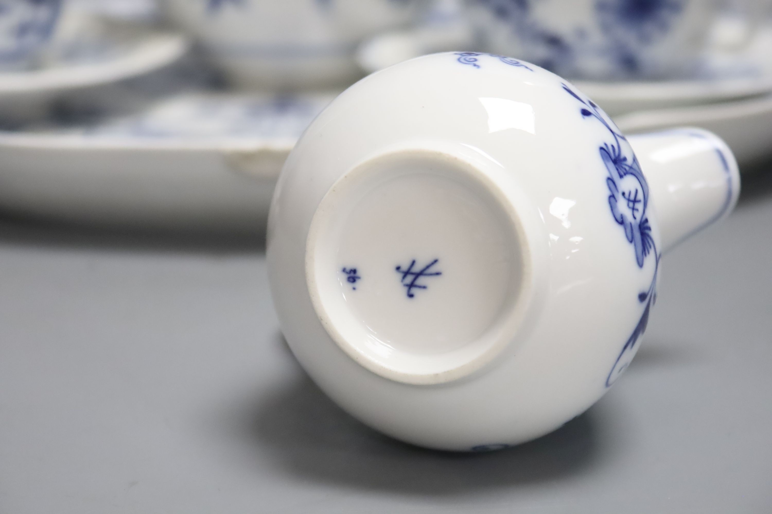 A Meissen blue and white onion pattern part cabaret set with tray, 39.5cm